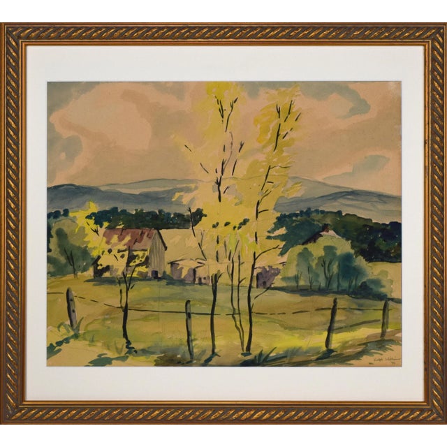 Vintage painting of a landscape with farm by Ralph Williams. Watercolor on paper, signed and dated 1946 lower right....