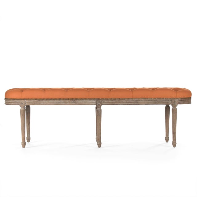 The Michel Tufted Bench from Zentique is a French Louis XVI bench with a button-tufted cotton seat on a limed grey oak...