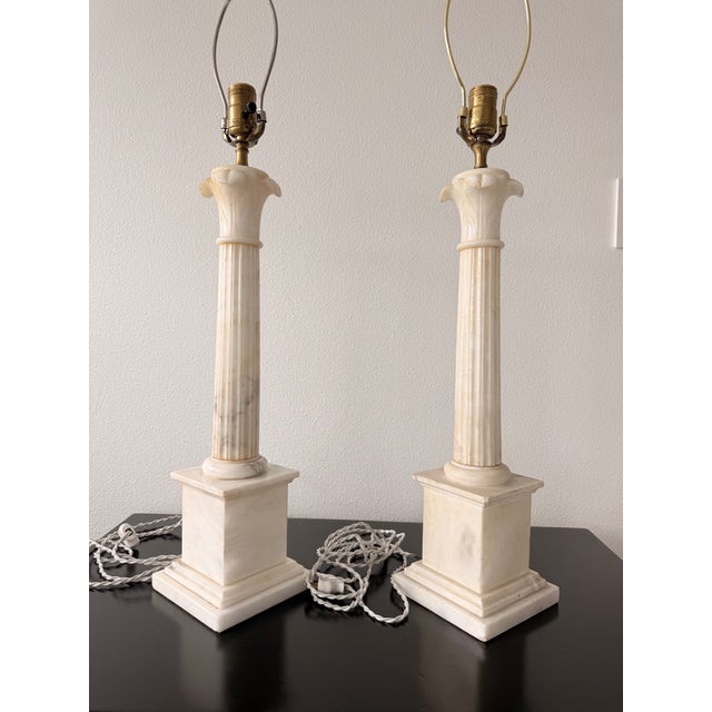 Neoclassical Alabaster Marble Table Lamps Pair For Sale - Image 13 of 14