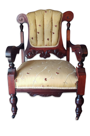 19th-Century Eastlake Victorian Walnut Parlor Armchair in Embroidered Gold Damask