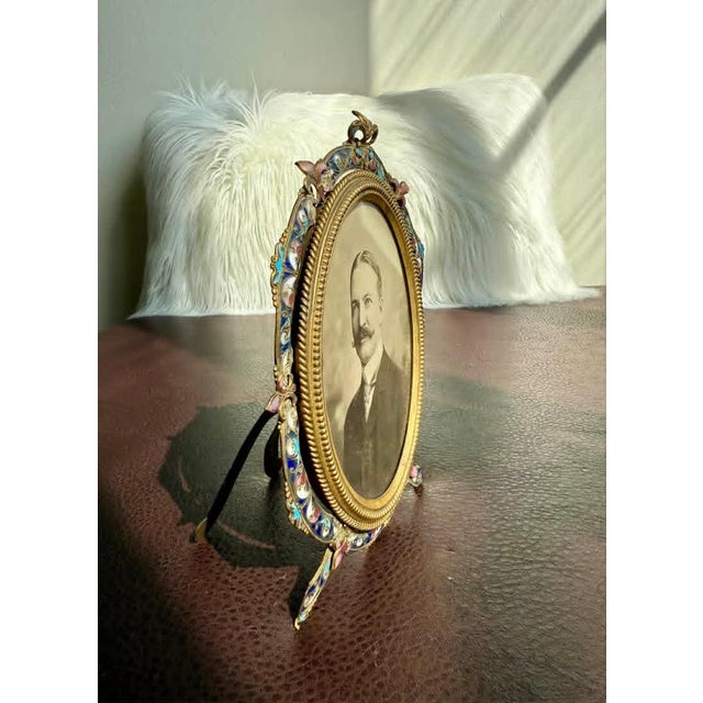 Antique Colorful Enamel Bronze Photo Frame With Black and White Picture of a Gentleman From 19th Century For Sale - Image 10 of 10