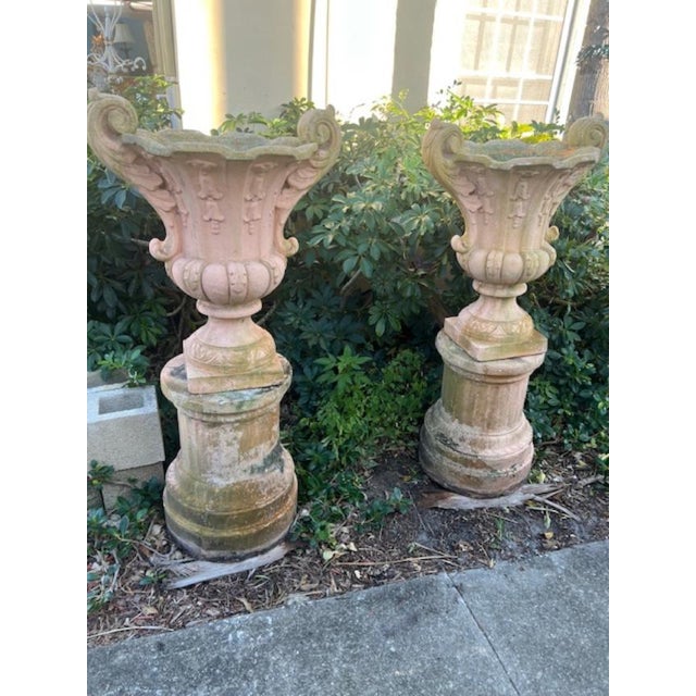 1920s 1920s Pair of Italian Large Stone Garden Urns on Pedestal 52 Inches Tall. 25 W For Sale - Image 5 of 8