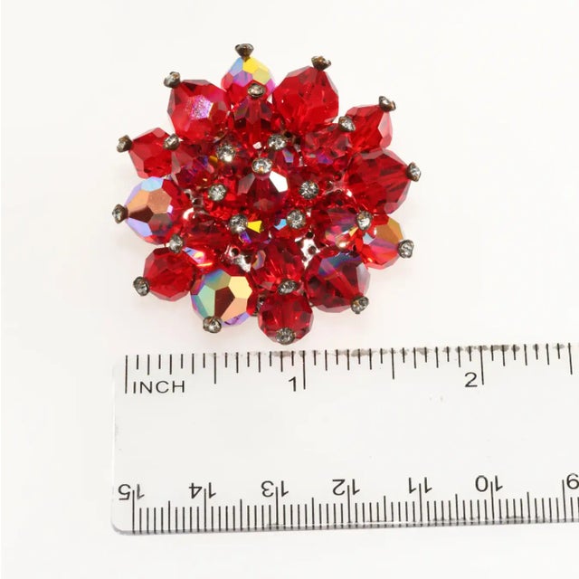 Modern 1950s Vintage Cluster Brooch Red Crystal Beads & Clear Rhinestones For Sale - Image 3 of 3