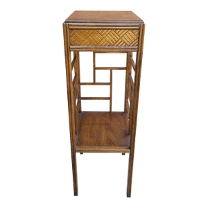 1970s Thomasville Tiered Walnut Faux Bamboo and Split Reed Pedestal Plant Stand