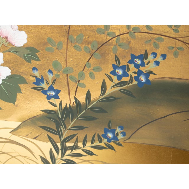 "Chrysanthemums, Rose Mallow and Bush Clover" by Shunsui, Showa Japanese Byobu Screen For Sale - Image 9 of 18