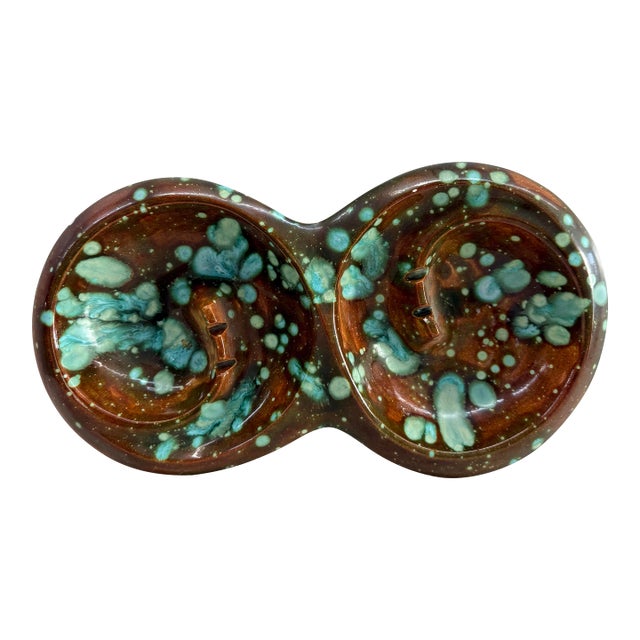 Vintage Mid-Century Brown & Aqua Double Bowl Ceramic Ashtray For Sale