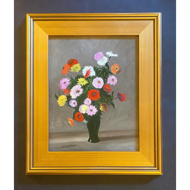 French Framed Oil Painting of Flowers in a Green Vase by Satori Gregorakis For Sale - Image 3 of 3