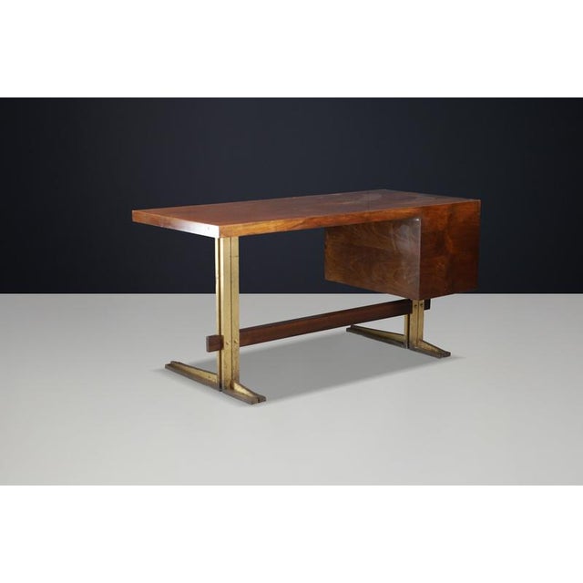 Wood Italian Walnut Desk with Brass Base, Italy, 1950s For Sale - Image 7 of 18