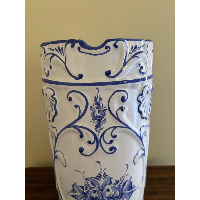 1980s 1980s Portuguese Blue & White Delft-Style Porcelain Umbrella Stand For Sale - Image 5 of 10
