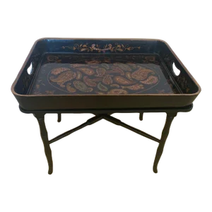 1990s Black Laquer Paisley Decorated Tray Side Table