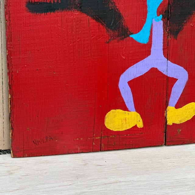 Mid 20th Century Original Figural Painting on Reclaimed Wood Signed Rivera For Sale - Image 5 of 12