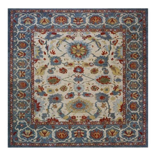 Afghan Sultanabad Wool 12x12 Square Teal, Ivory & Rust Handmade Area Rug #1143652 For Sale
