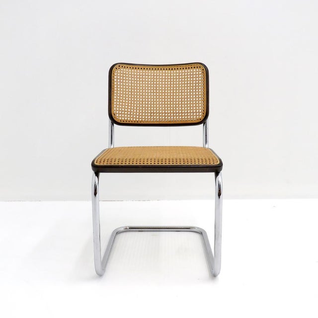 wonderful examples of 1980 side chairs Model S32 by Marcel Breuer for Thonet, tubular steel with coffee brown wood frames...