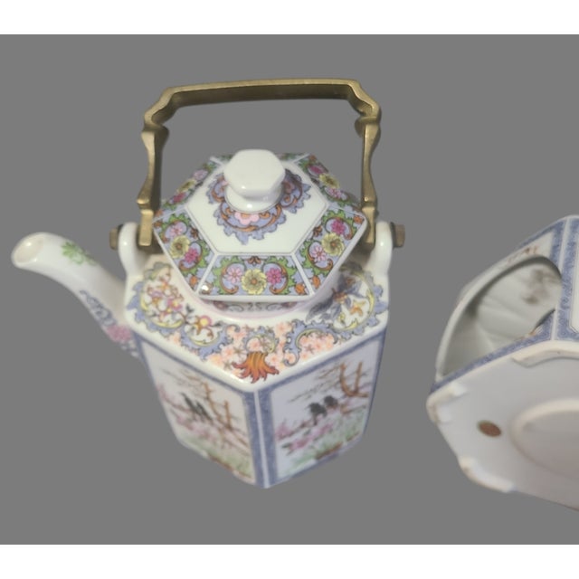 Vintage Japanese Hand Painted Floral, Birds Teapot Brass Handle on Warmer Stand For Sale - Image 9 of 11