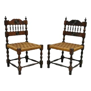 Antique Henry II Walnut Rush Seat Small Children's Child Side Chairs - A Pair For Sale
