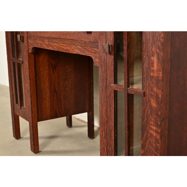 Stickley Brothers Style Antique Mission Oak Arts & Crafts Double Bookcase With Drop Front Secretary Desk, Circa 1910 For Sale - Image 11 of 15