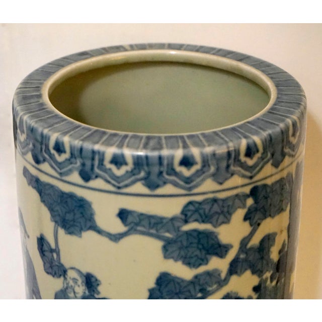 Chinese Blue and White Porcelain Cylindrical Bough Vase With Landscape Scene For Sale - Image 4 of 11