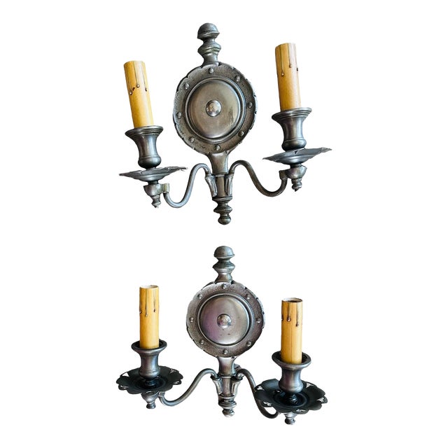 Pair of Traditional Cast Brass Sconces With Nickel Plating, Circa 1920 For Sale