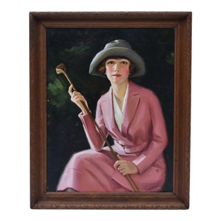 Edna Crompton Oil Portrait Painting, The Lady Golfer, Circa 1930 For Sale