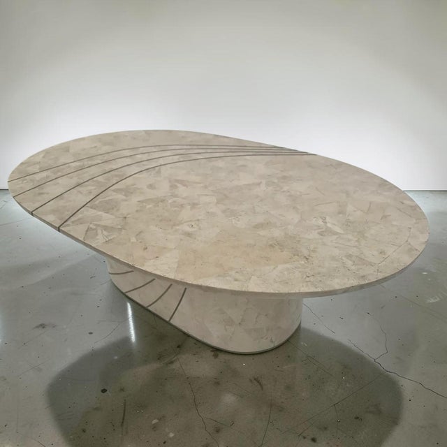 Metal Italian Tessellated Stone and Brass Inlay Oval Coffee Table For Sale - Image 7 of 13