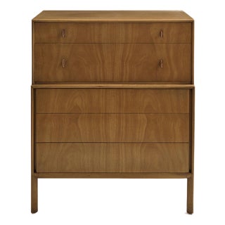 The Vintage Mount Airy 1950s MCM Highboy Dresser With Original Brass and Enamel Inlay Hardware For Sale
