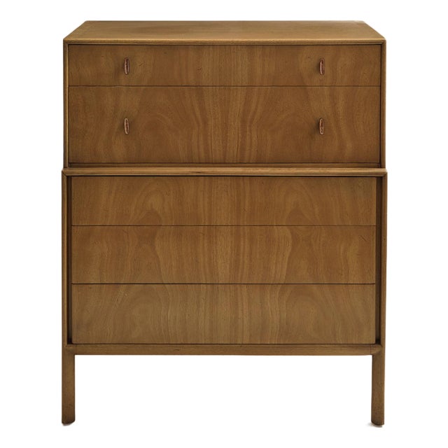 The Vintage Mount Airy 1950s MCM Highboy Dresser With Original Brass and Enamel Inlay Hardware For Sale