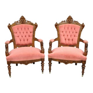 Late 19th Century John Jelliff Victorian Renaissance Carved Walnut Figural Parlor Armchairs - Pair For Sale