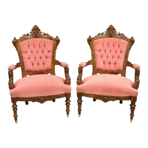 Late 19th Century John Jelliff Victorian Renaissance Carved Walnut Figural Parlor Armchairs - Pair