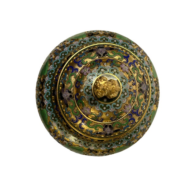 Golden Green Metal Cloisonné Lion Flower Enamel Round Box Jar For Sale - Image 9 of 10
