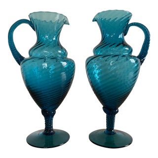 Mid-Century Blue Empoli Glass Ewers - a Pair For Sale