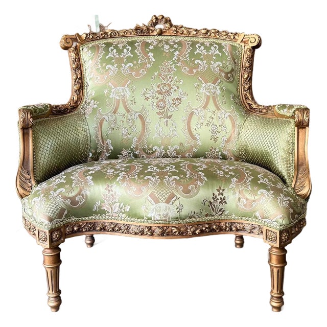 Italian Style Wingback Chair – Military Green Damask Fabric, Gold Accents For Sale