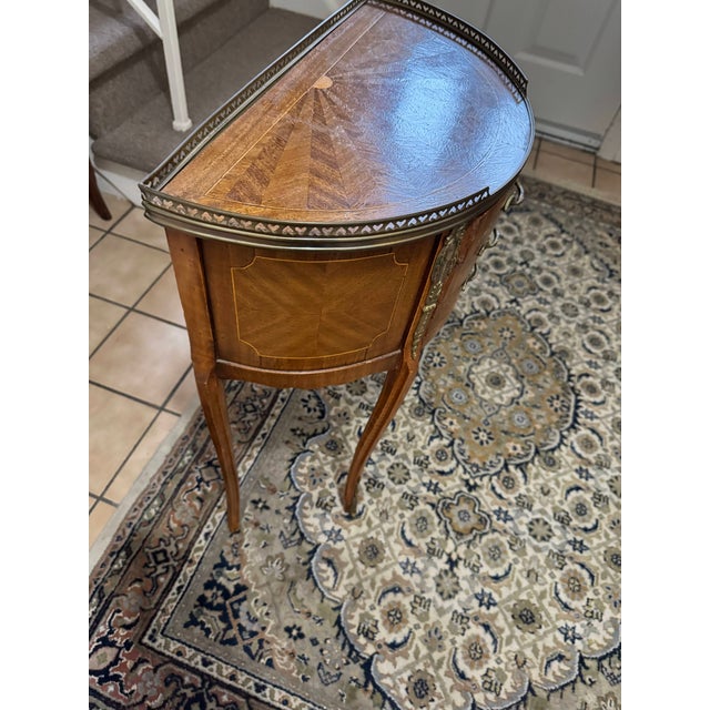 Pair of Vintage Louis XV Style Demilune Nightstands French Inlaid 3 Drawer Tables For Sale - Image 10 of 17