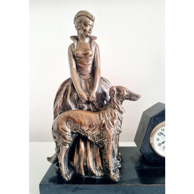 Table Clock with Copper Plated Lady with Greyhound Sculpture from Enrico Lazzar, Italy, 1910s For Sale - Image 5 of 11