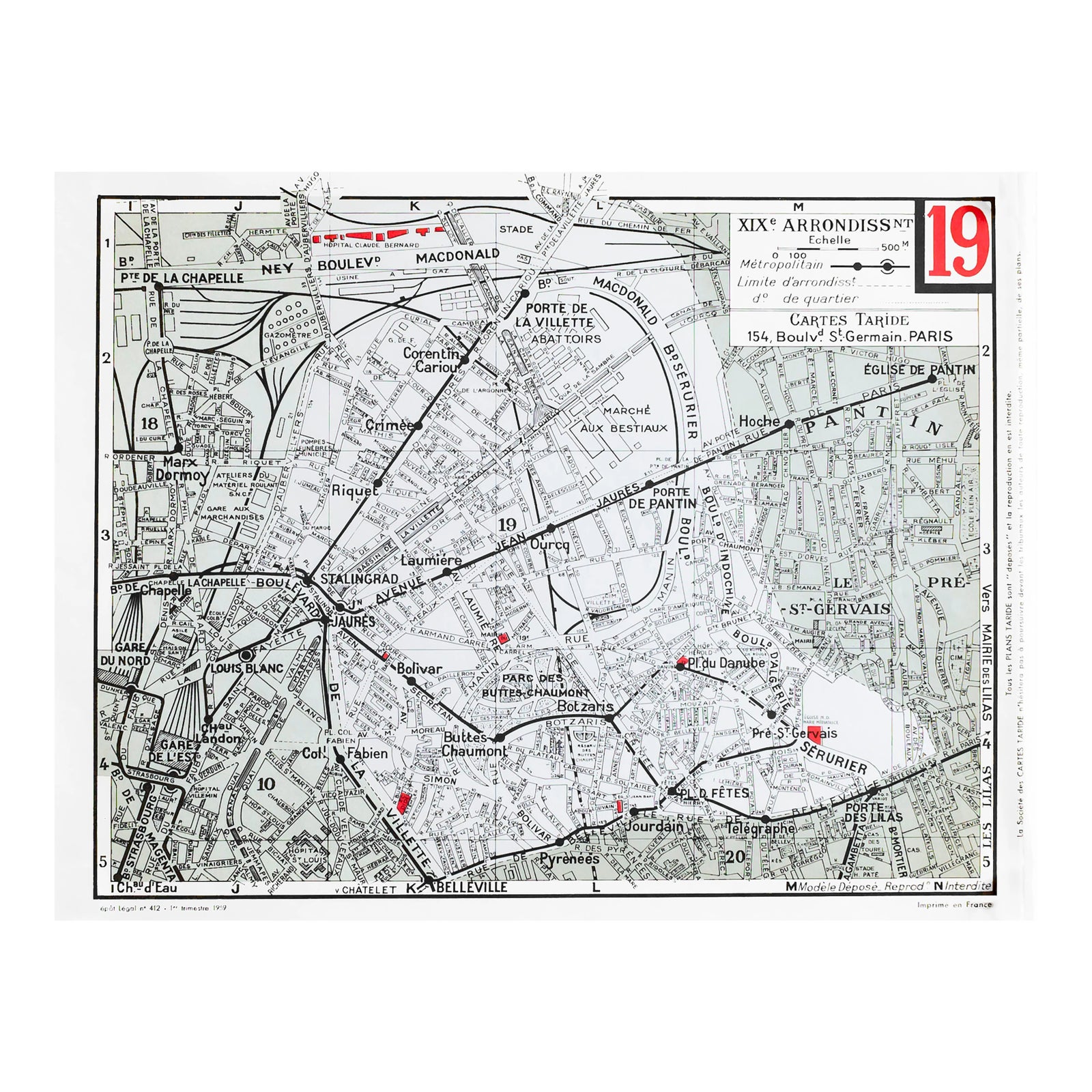 1959 Original Cartes Tarides Map of Paris, XIX Arrondissement | Chairish