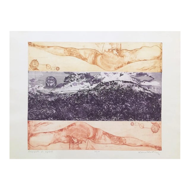 Vintage Mid Century Surreal Abstract Etching by Lajos Kondor For Sale