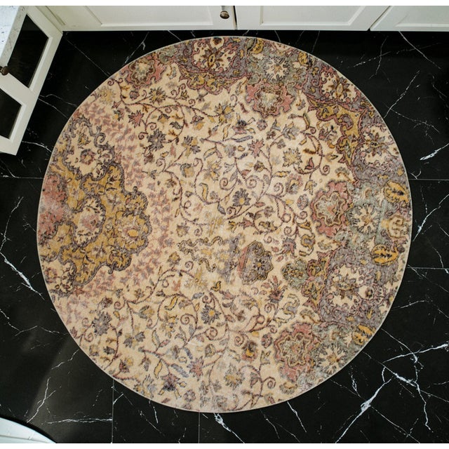 Mid-Century Modern Round Turkish Rug Upcycled Vintage Hand Knotted Wool Circle Area Rug 5'3" X 5'3" For Sale - Image 3 of 13