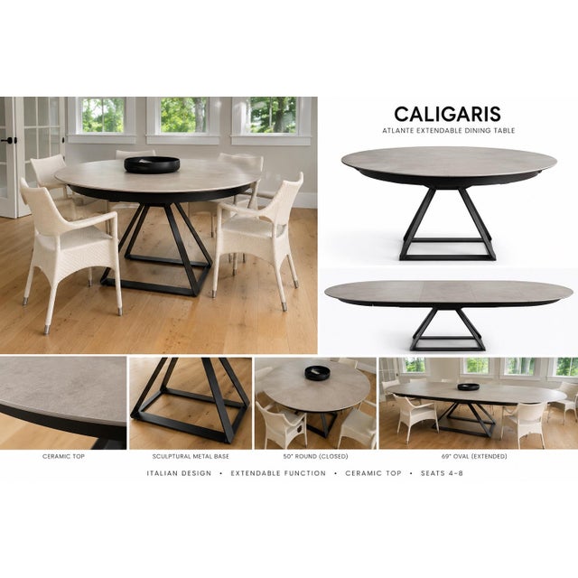Italian Caligaris Atlante Extendable Italian Ceramic Dining Table – 50” Round to 69” – Gray Ceramic For Sale - Image 3 of 7
