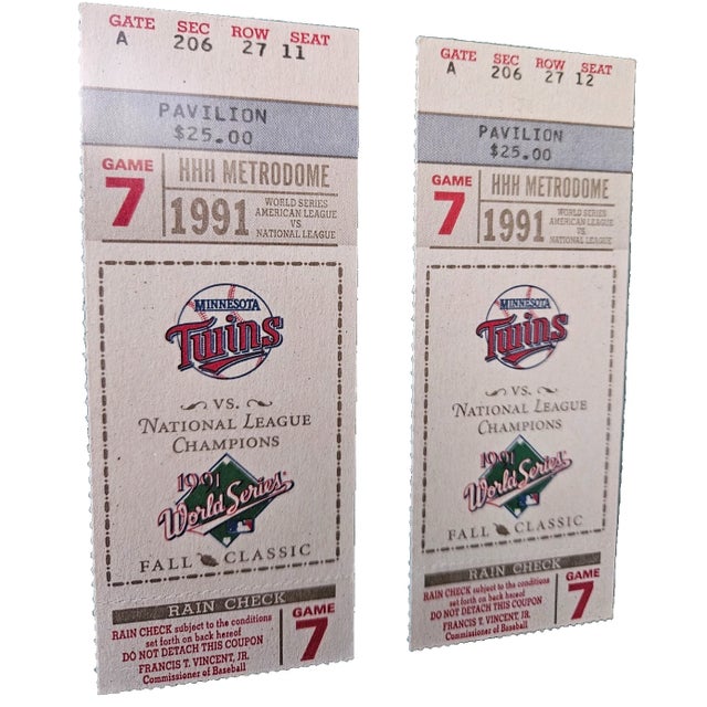 1990s 1990s Minnesota Twins World Series Homer Hanky Rally Towel Framed With Ticket Stubs. For Sale - Image 5 of 9