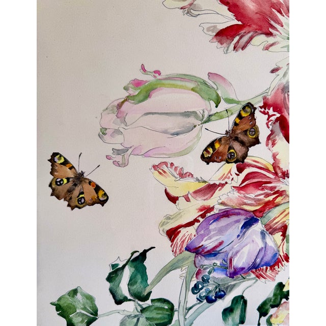 Large Floral Still Life Watercolor Painting With Butterflies, 1989, Modern Frame For Sale - Image 10 of 18