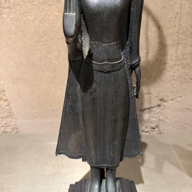 For your consideration, vintage or antique Thai/Khmer-style bronze Standing Buddha table lamps. The figures are depicted...