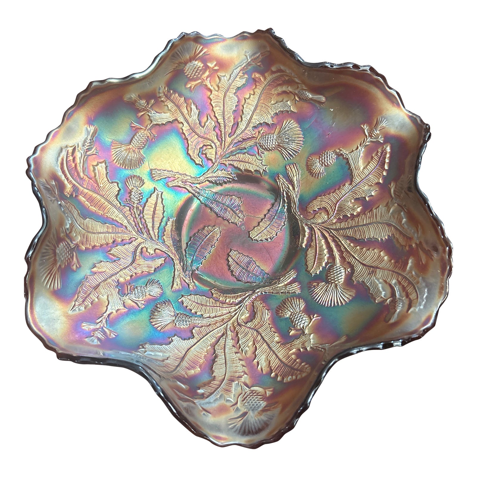 Fenton Thistle Carnival Glass Ruffled Bowl | Chairish