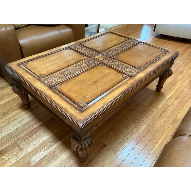 Wood Vintage Indonesian Hand-Carved Wood Coffee Table With Floral Cross Motif For Sale - Image 7 of 11
