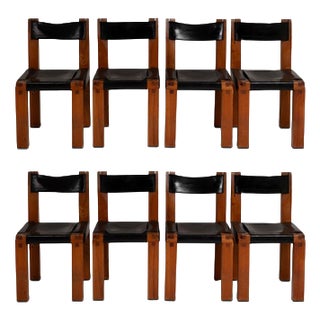 S11 Chairs in Elm and Leather by Pierre Chapo, 1960s, Set of 8 For Sale