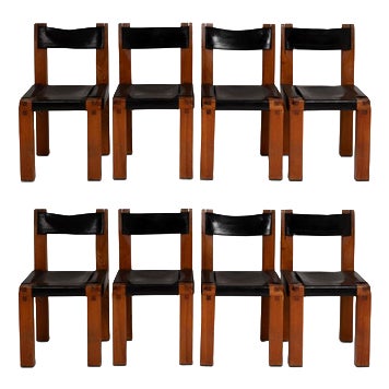 S11 Chairs in Elm and Leather by Pierre Chapo, 1960s, Set of 8 For Sale