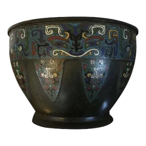 Large Antique 19th Century Chinese Archaic Bronze Champleve Enamel Cloisonne Centerpiece Bowl