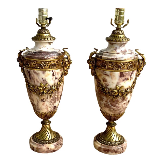 French Louis XVI Style Marble & Bronze Urn Form Lamps For Sale