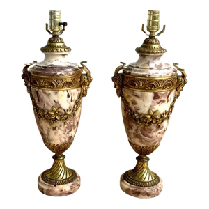 French Louis XVI Style Marble & Bronze Urn Form Lamps