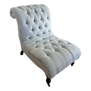 Tufted Blue Slipper Chairs (Pair) For Sale