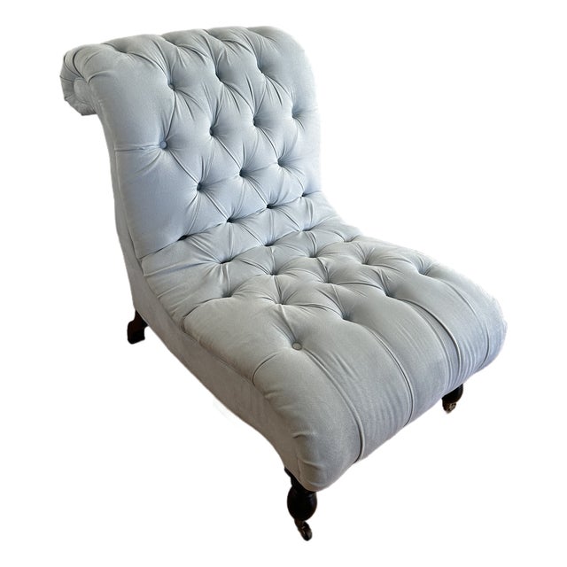 Tufted Blue Slipper Chairs (Pair) For Sale