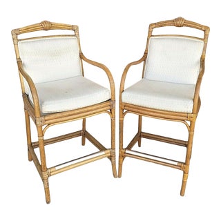 Mid Century Modern Boho Ficks Reed Bamboo Bentwood Rattan Barstools - Set of 2 For Sale